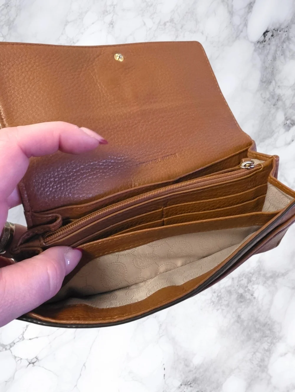 Michael Kors Cognac Leather Wallet MK Logo Continental Snap Closure Organizer